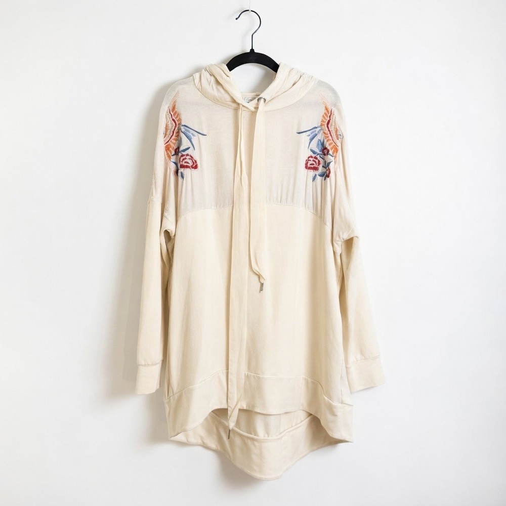 Love Johnny Was Cream Embroidered Birds Velvet Hoodie Sweatshirt Small